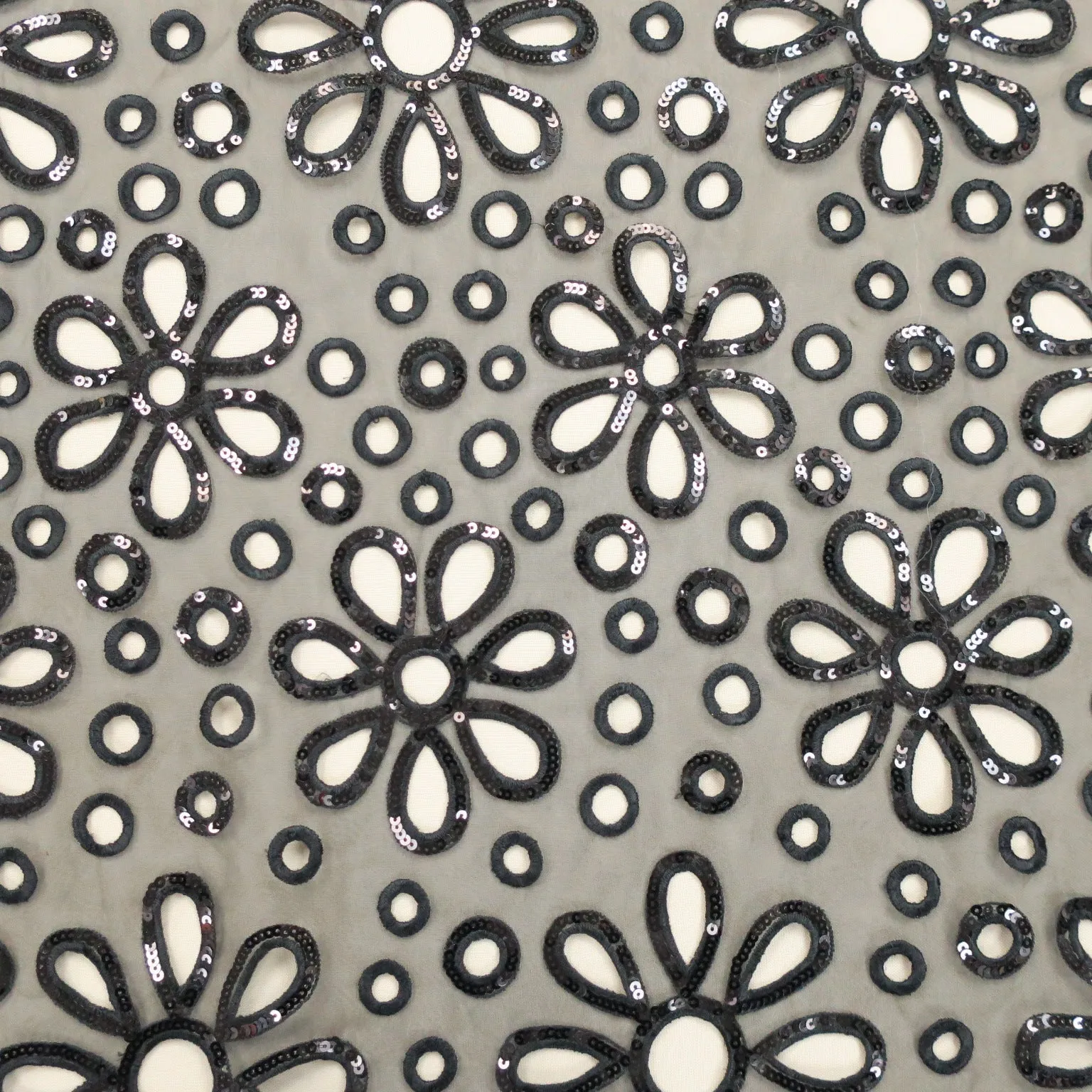 Black with Sequins Floral and Circles Embroidered Organza Fabric