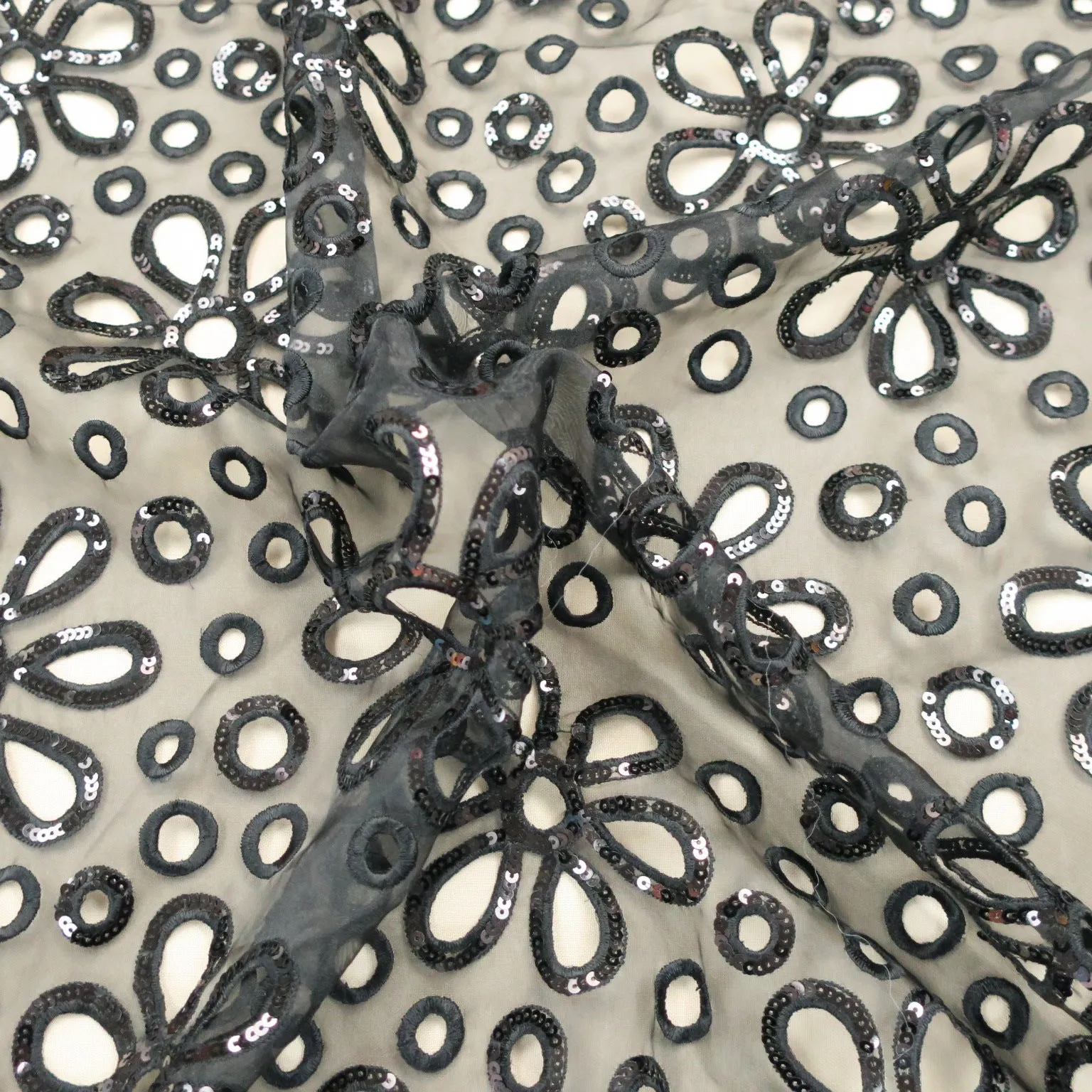 Black with Sequins Floral and Circles Embroidered Organza Fabric