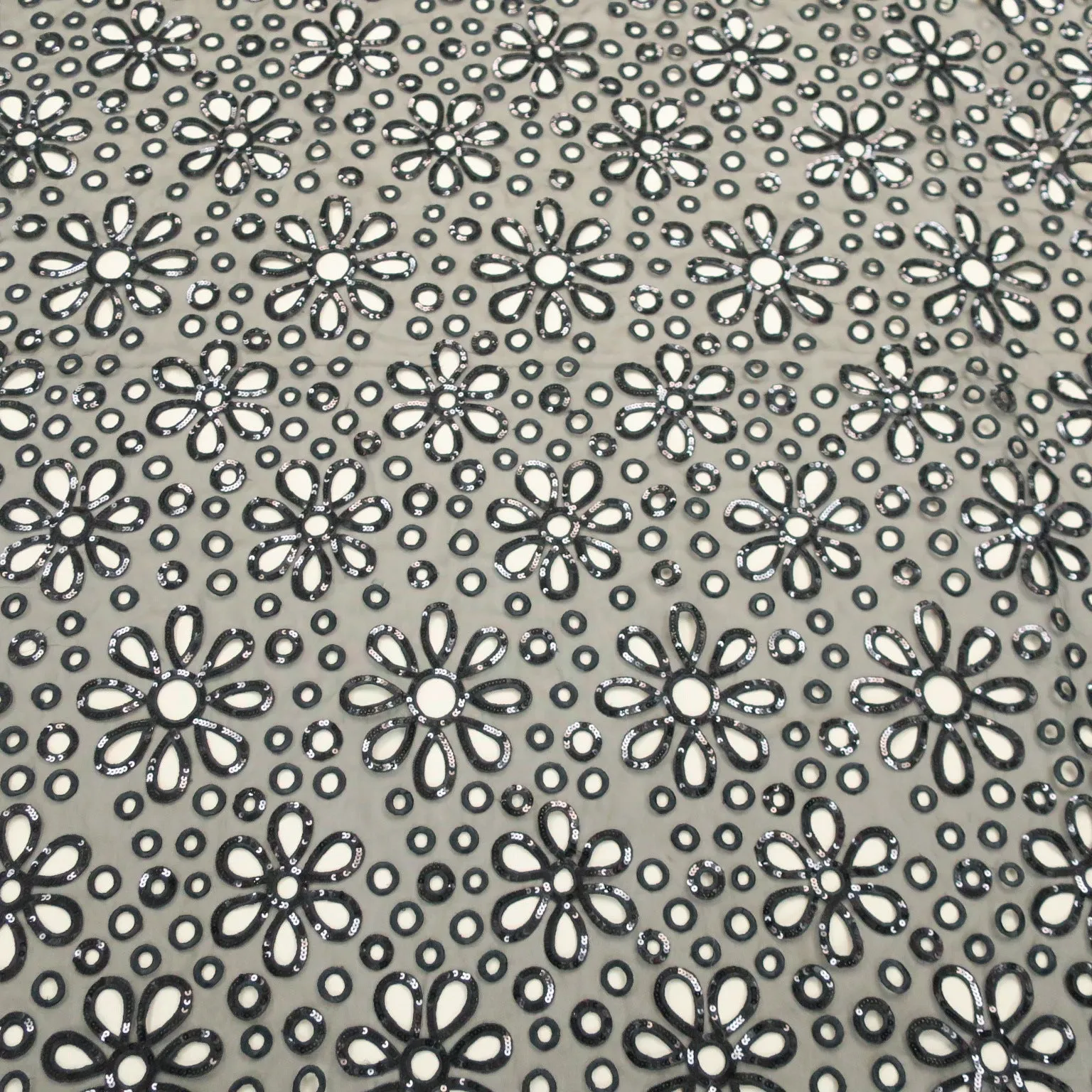 Black with Sequins Floral and Circles Embroidered Organza Fabric