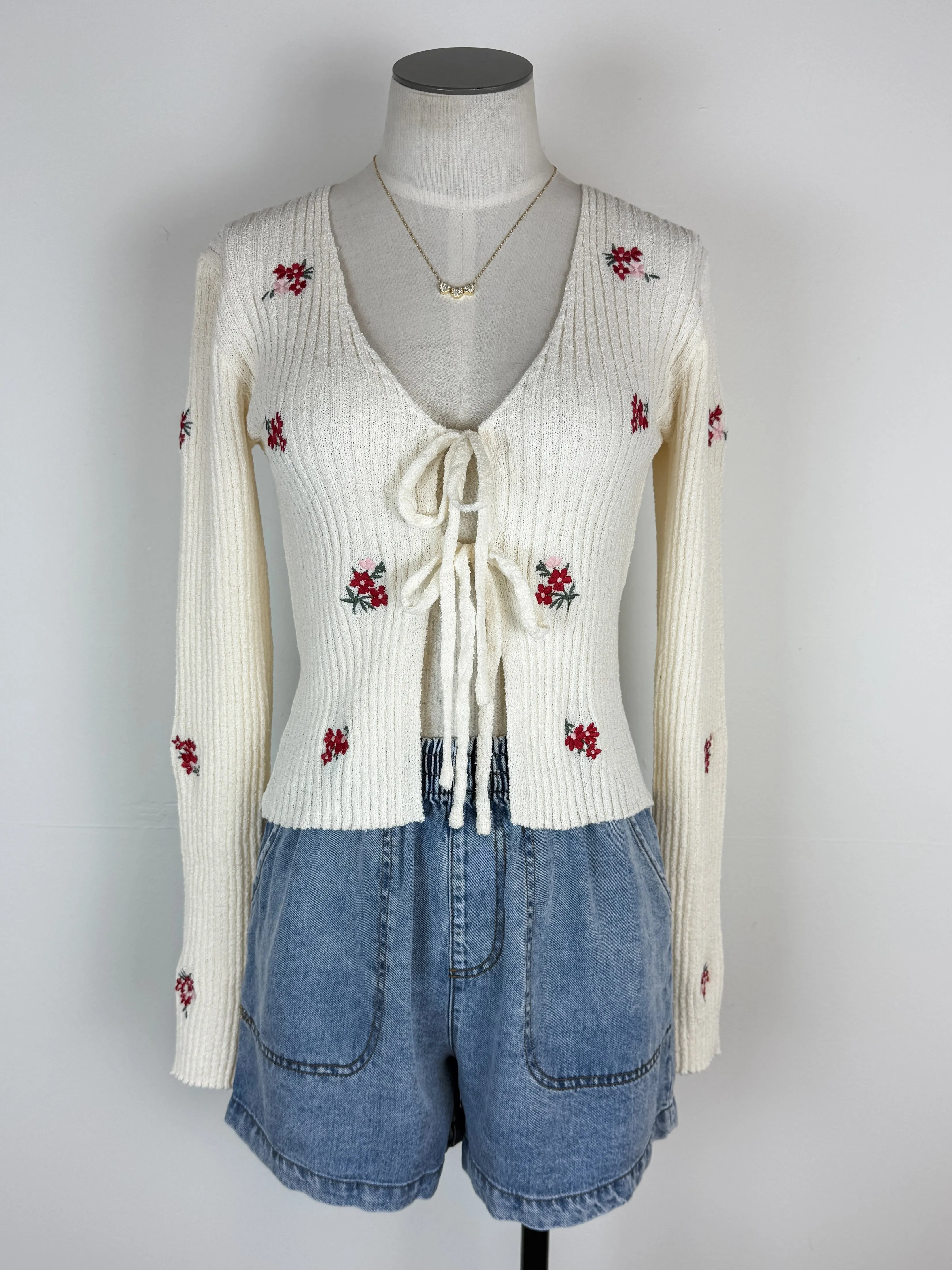 Kim Floral Embroidered Front Tie Cardigan in Cream