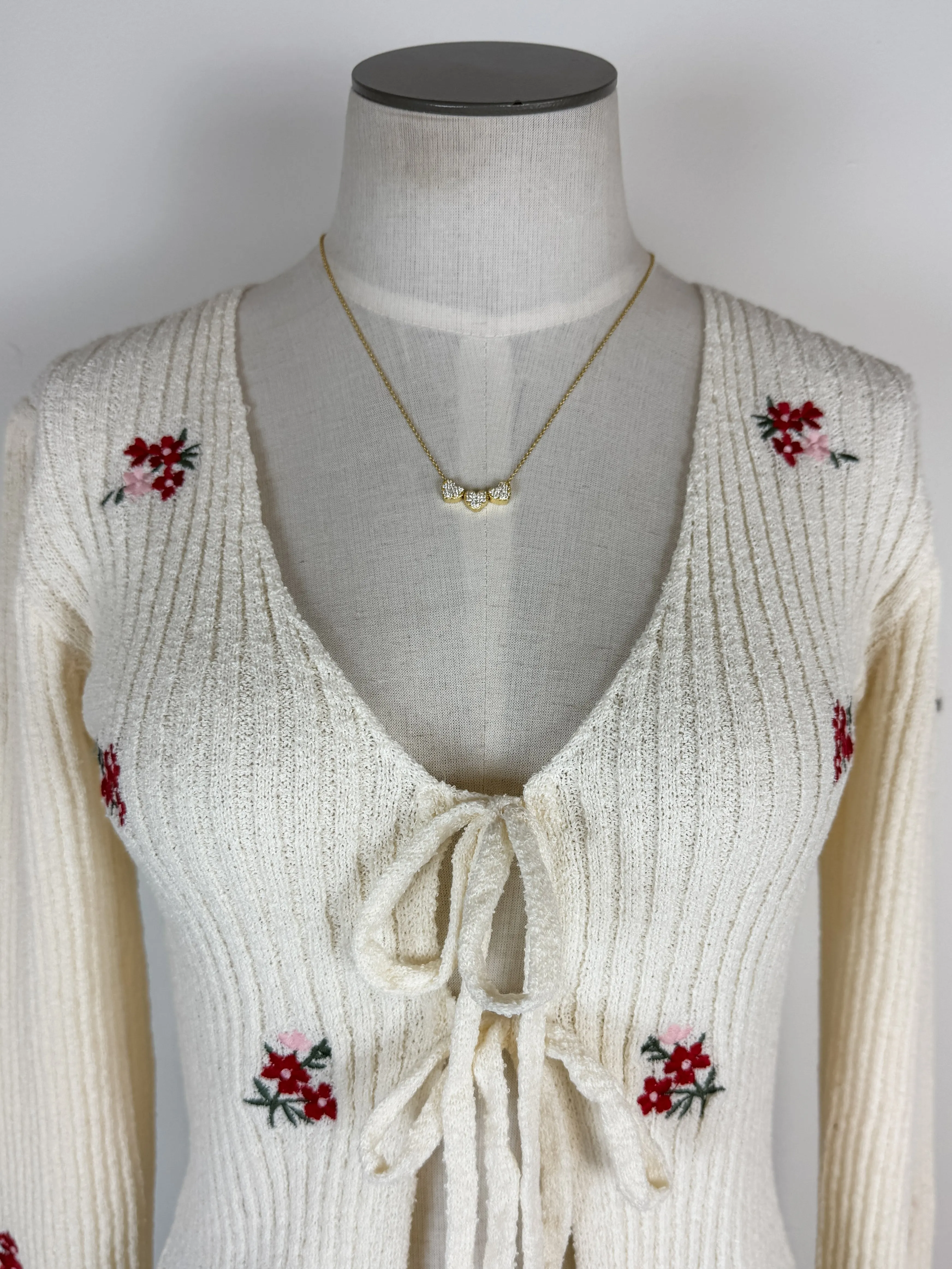 Kim Floral Embroidered Front Tie Cardigan in Cream