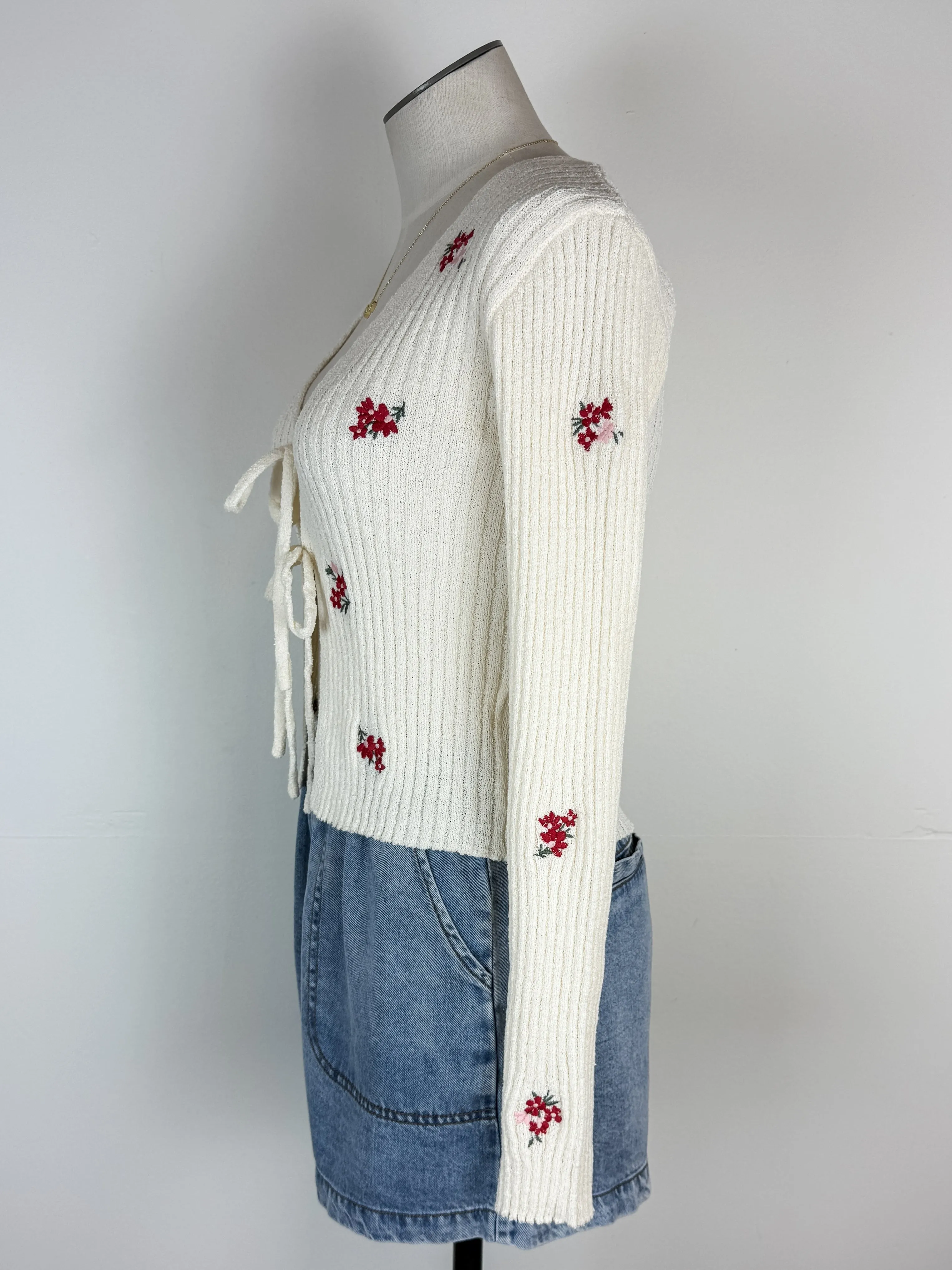 Kim Floral Embroidered Front Tie Cardigan in Cream