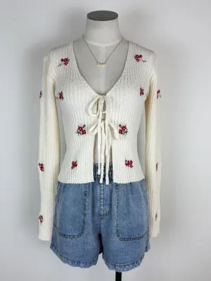 Kim Floral Embroidered Front Tie Cardigan in Cream