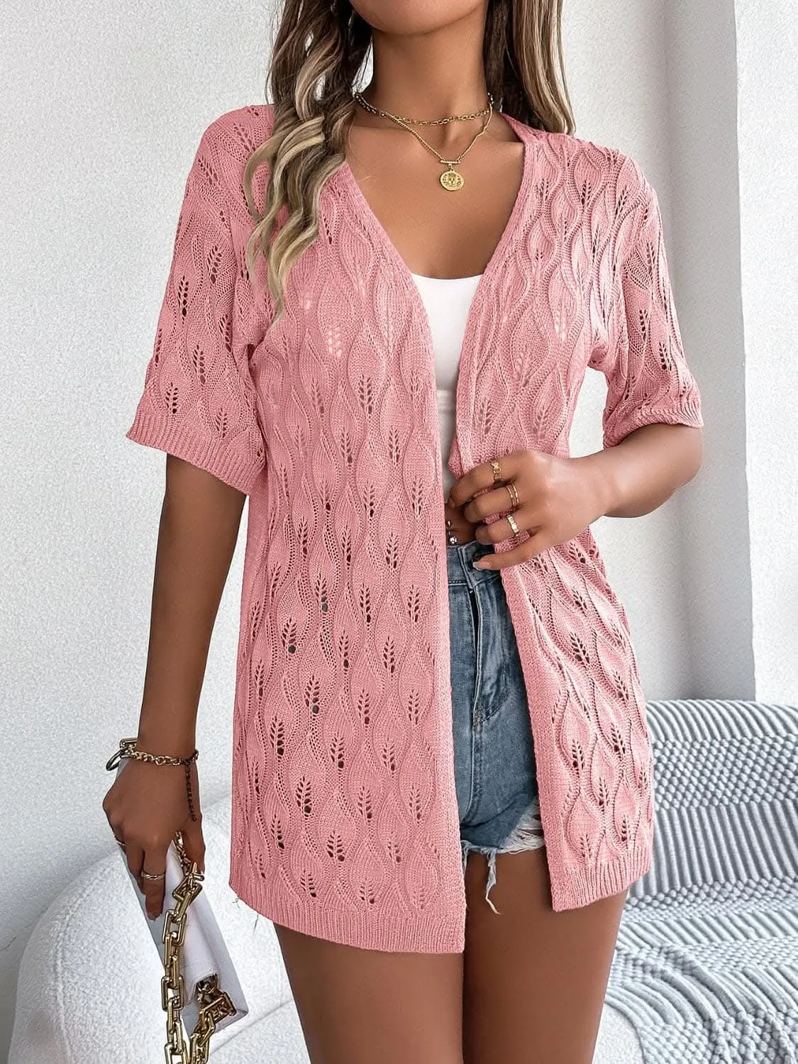 Knit open front cardigan - short sleeves