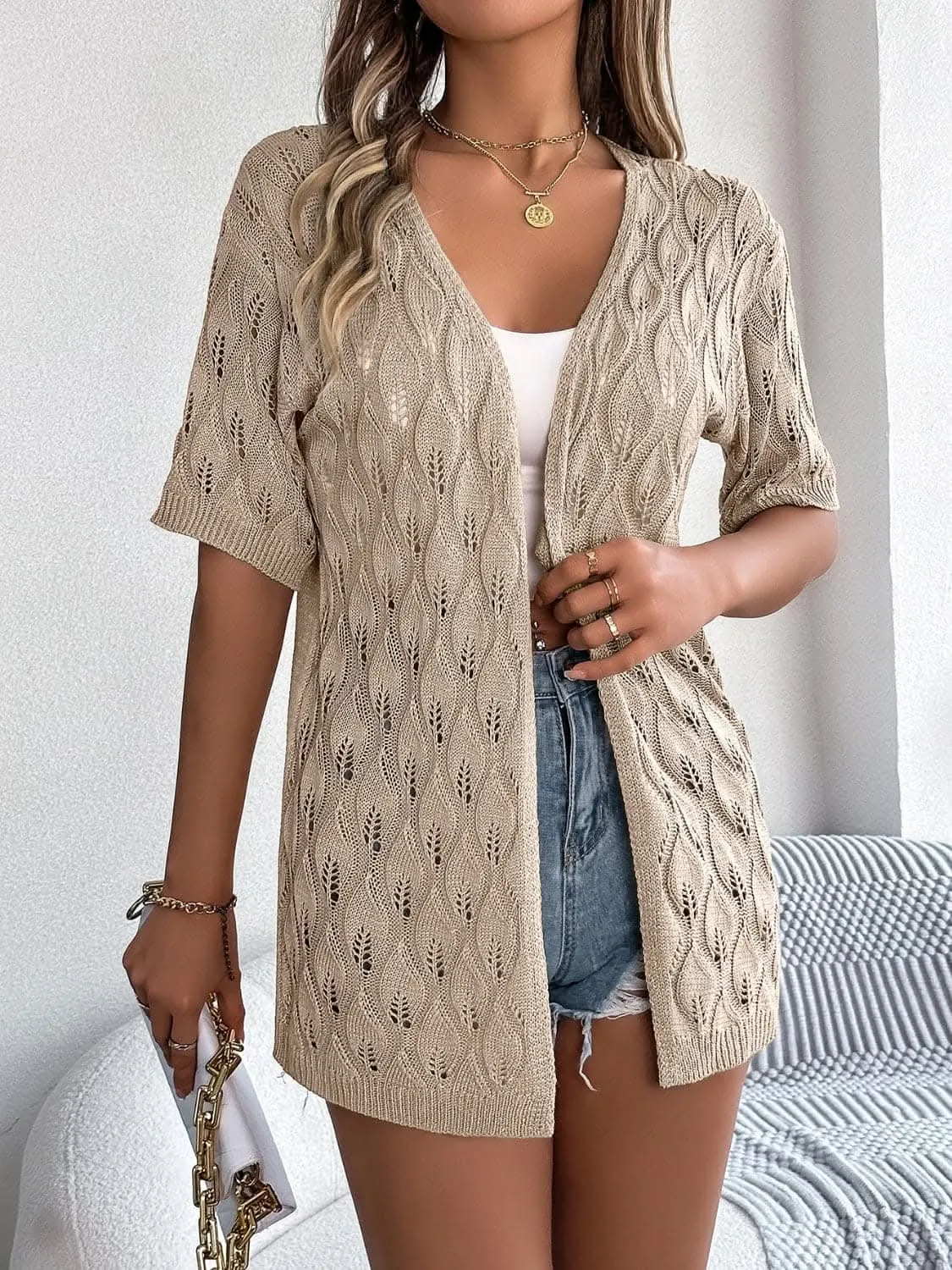 Knit open front cardigan - short sleeves
