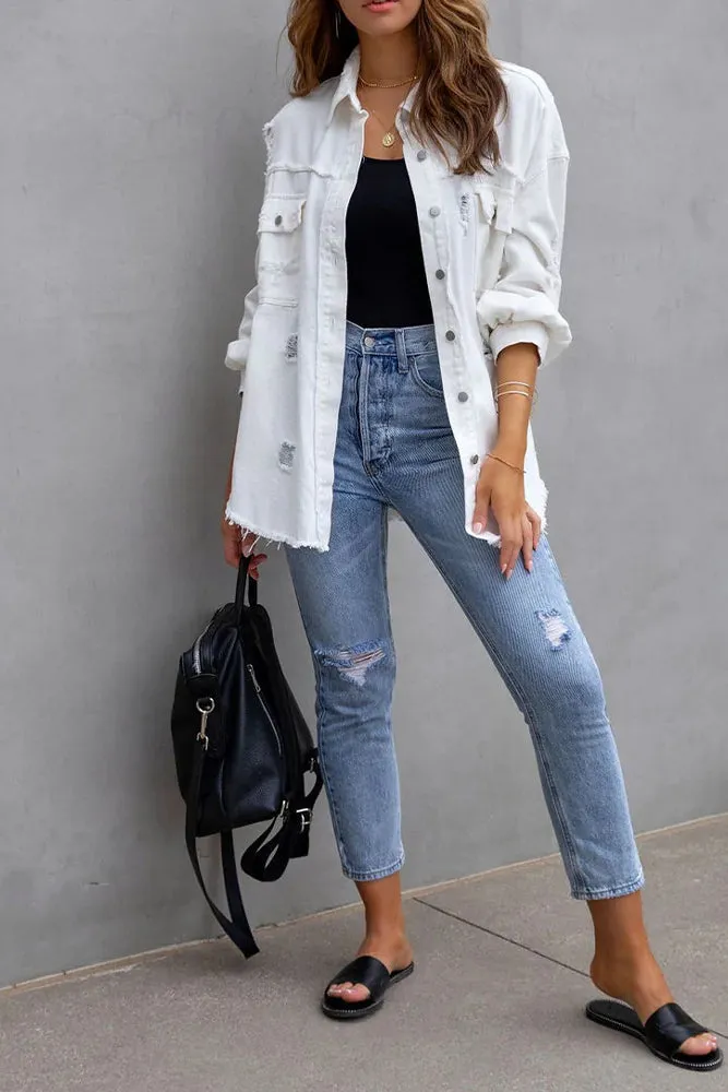 Lapel Ripped Raw Hem Buttons Denim Coat