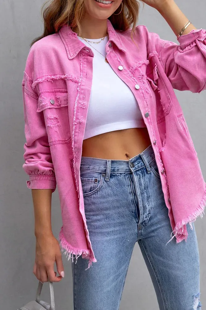 Lapel Ripped Raw Hem Buttons Denim Coat
