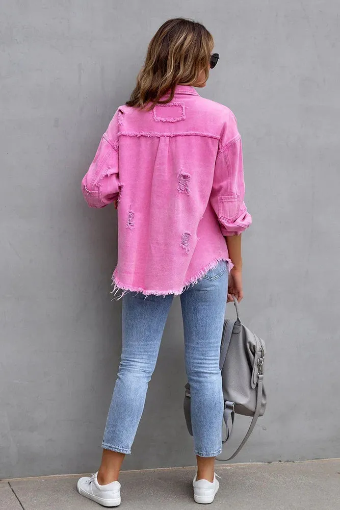 Lapel Ripped Raw Hem Buttons Denim Coat