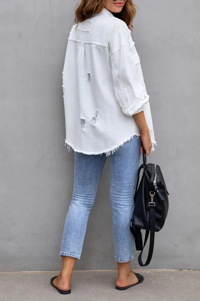 Lapel Ripped Raw Hem Buttons Denim Coat