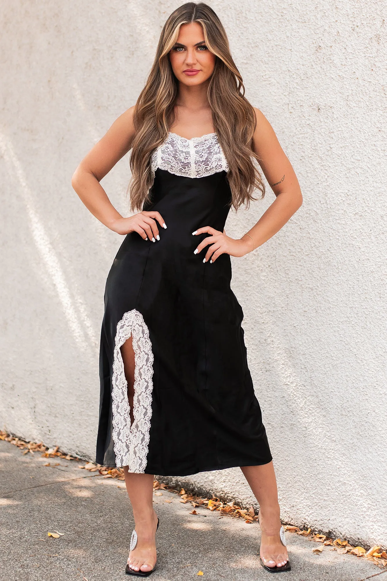 Love Me Tonight Lace Detailed Satin Slip Dress (Black)
