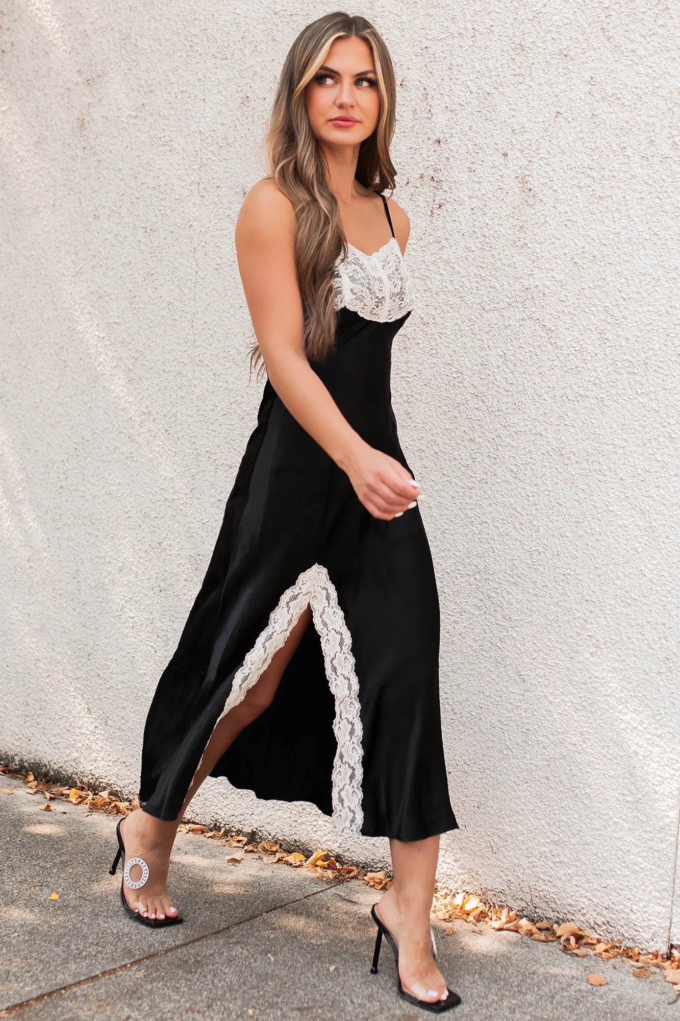 Love Me Tonight Lace Detailed Satin Slip Dress (Black)