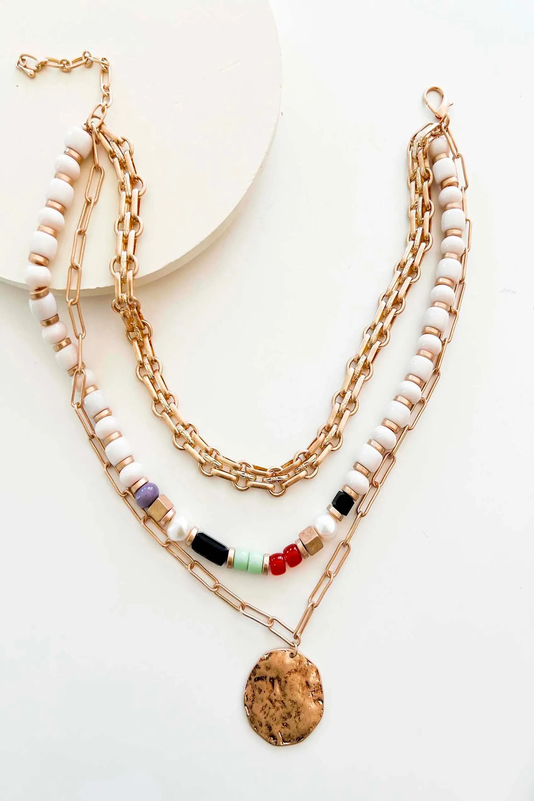 Riley Layered Necklace | Gold Chain and Cream Bead Details | Hammered Gold Charm Pendant | Gold Layering Necklace