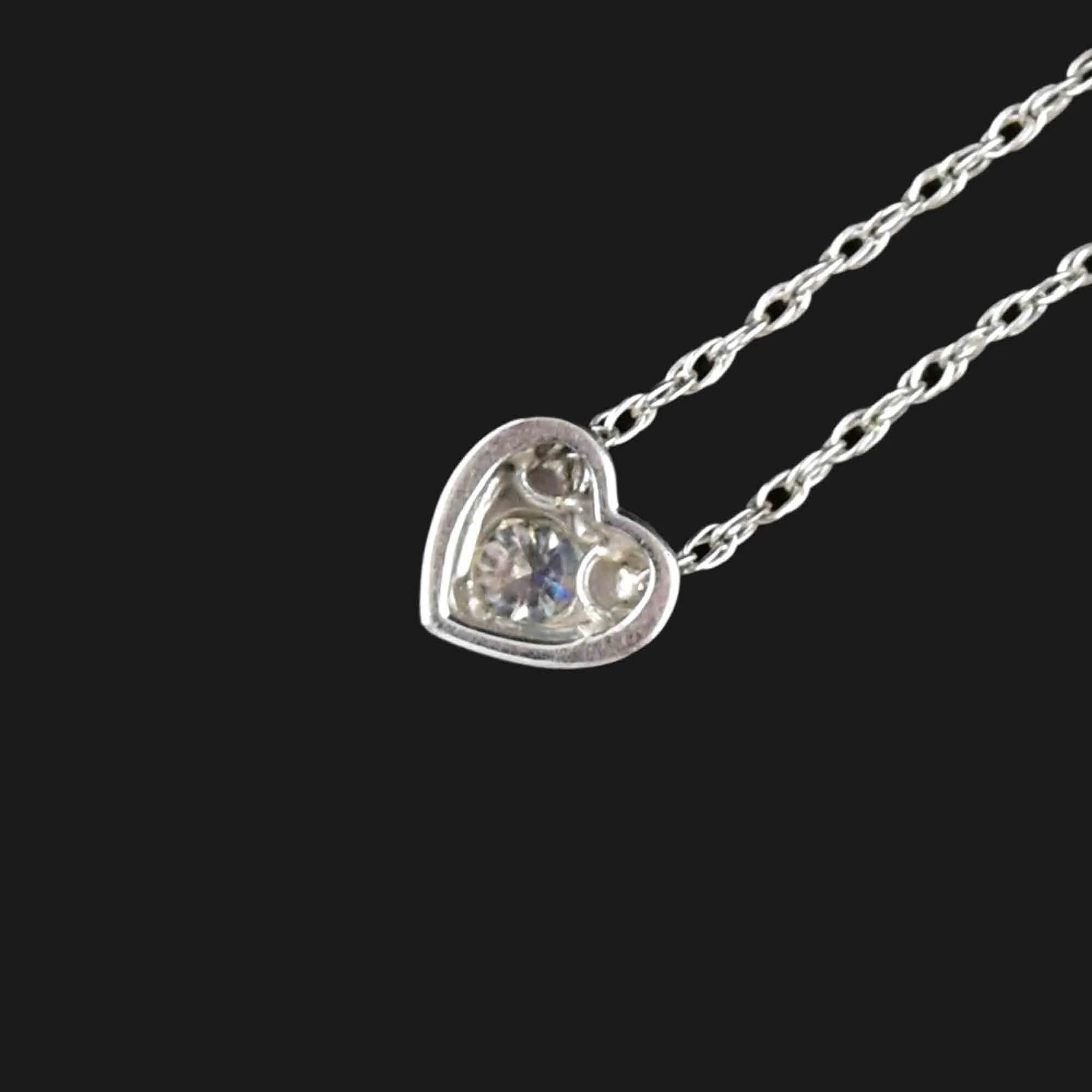 Vintage 10K White Gold Diamond Heart Slider Pendant Necklace