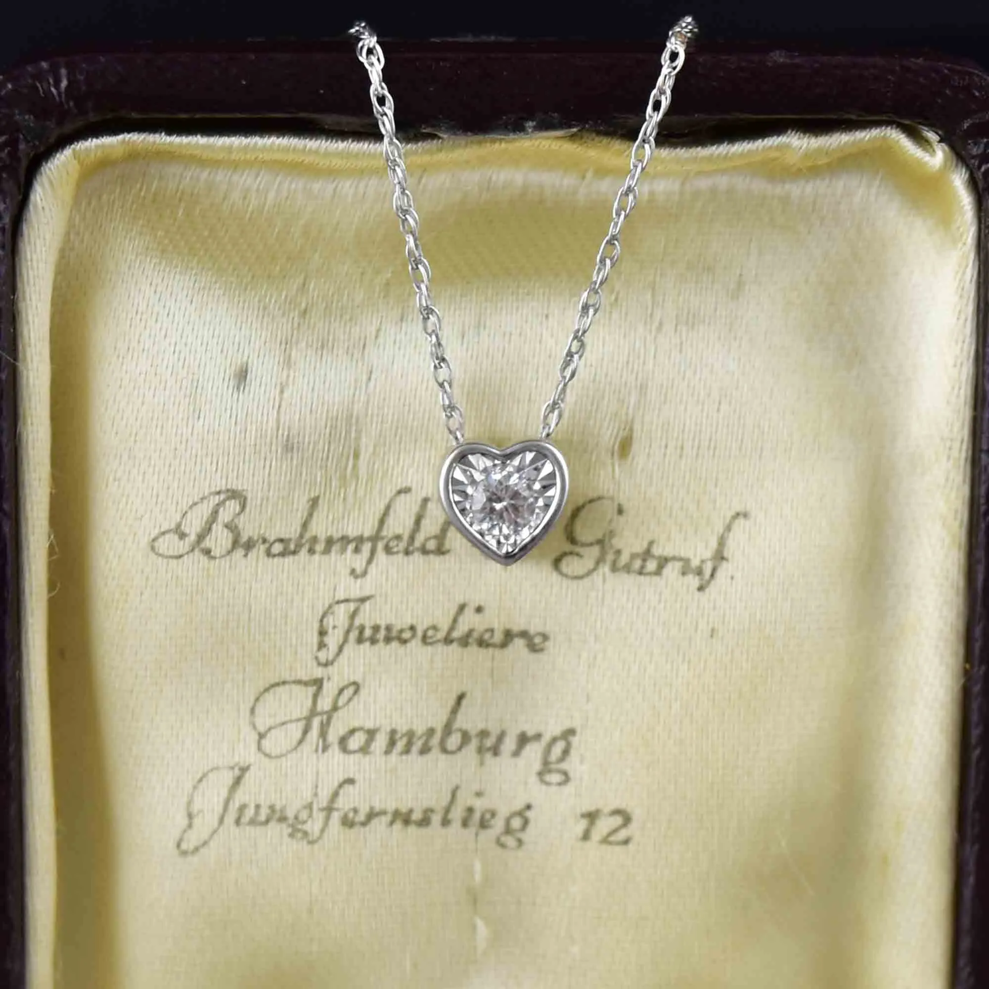 Vintage 10K White Gold Diamond Heart Slider Pendant Necklace
