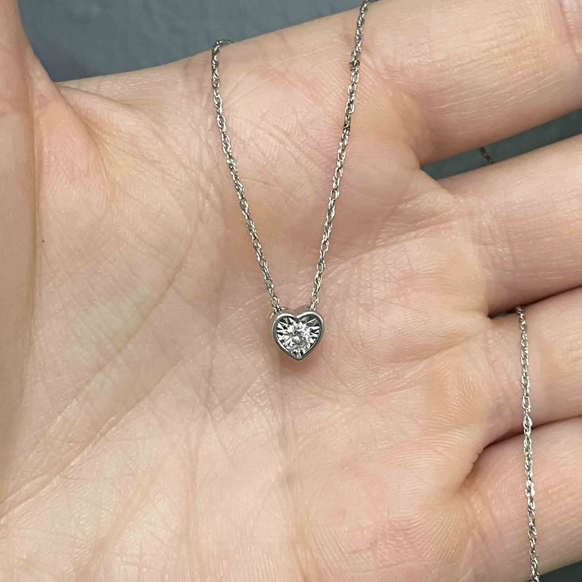 Vintage 10K White Gold Diamond Heart Slider Pendant Necklace