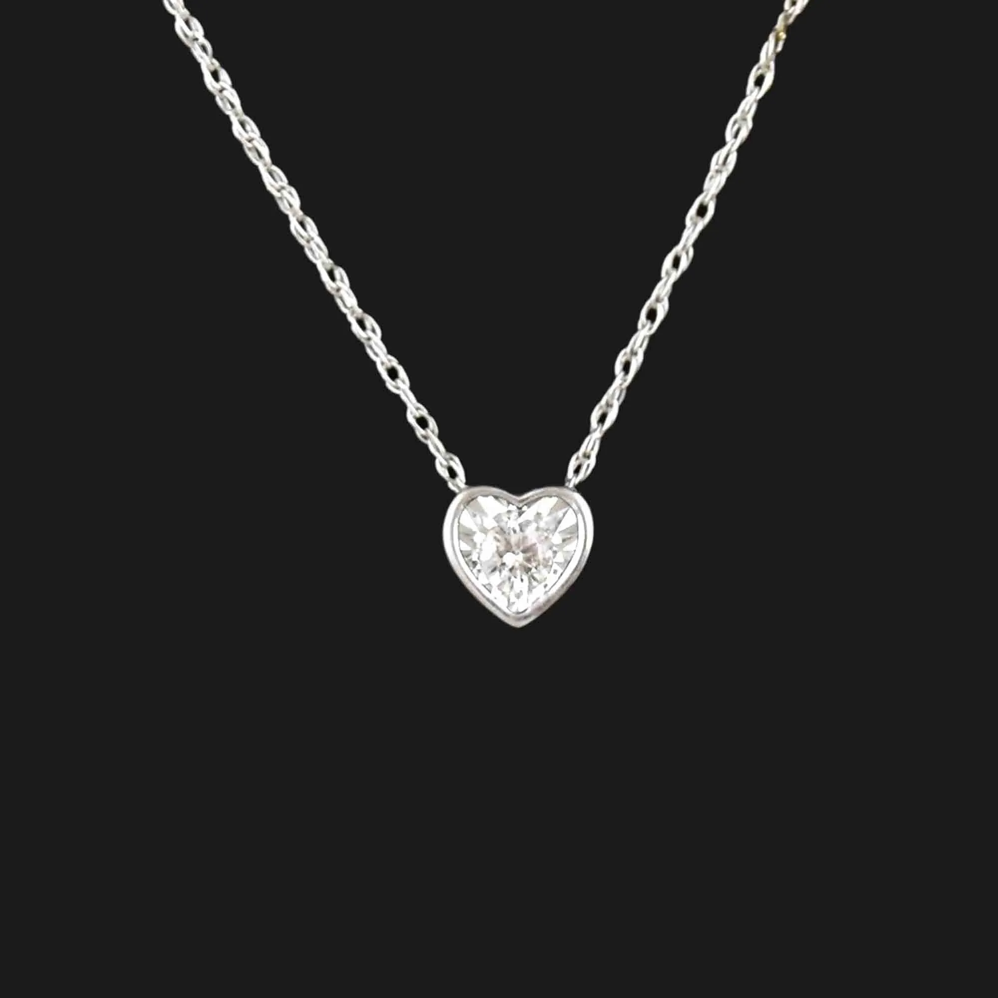 Vintage 10K White Gold Diamond Heart Slider Pendant Necklace